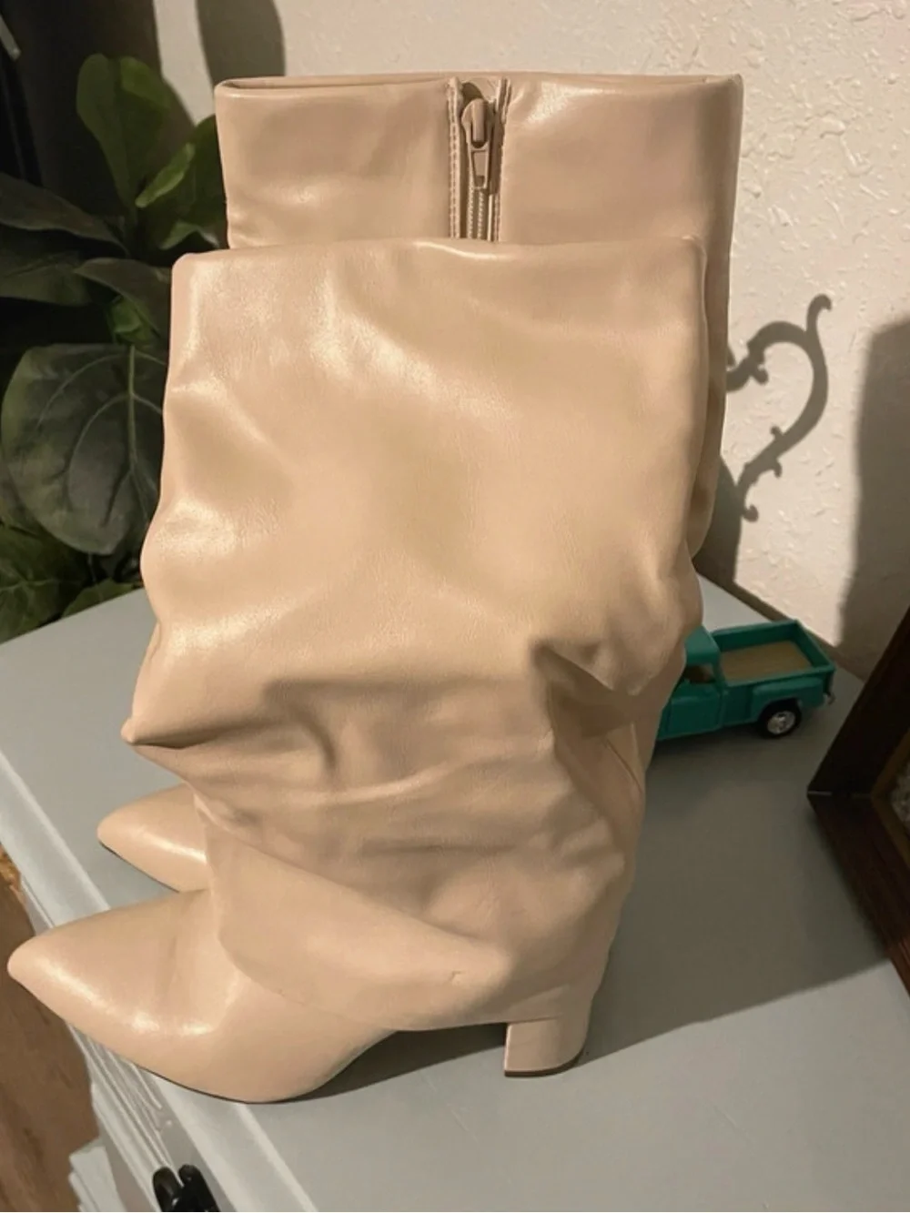 Unisa Beige Slouchy Knee-High Pointed Toe Boots